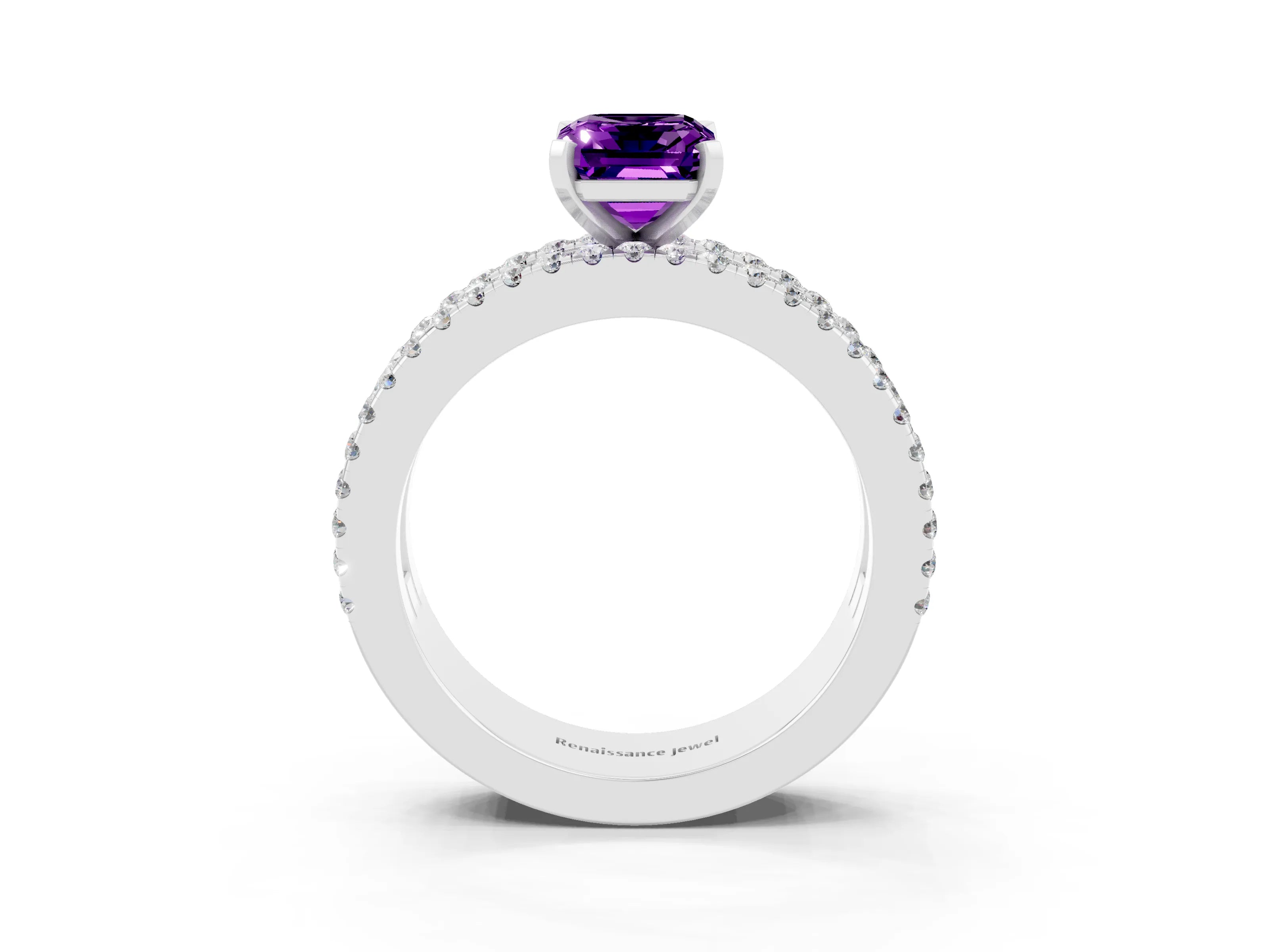 White gold Emerald Cut Amethyst Solitaire Ring with Pavé and Channel Set Band_27