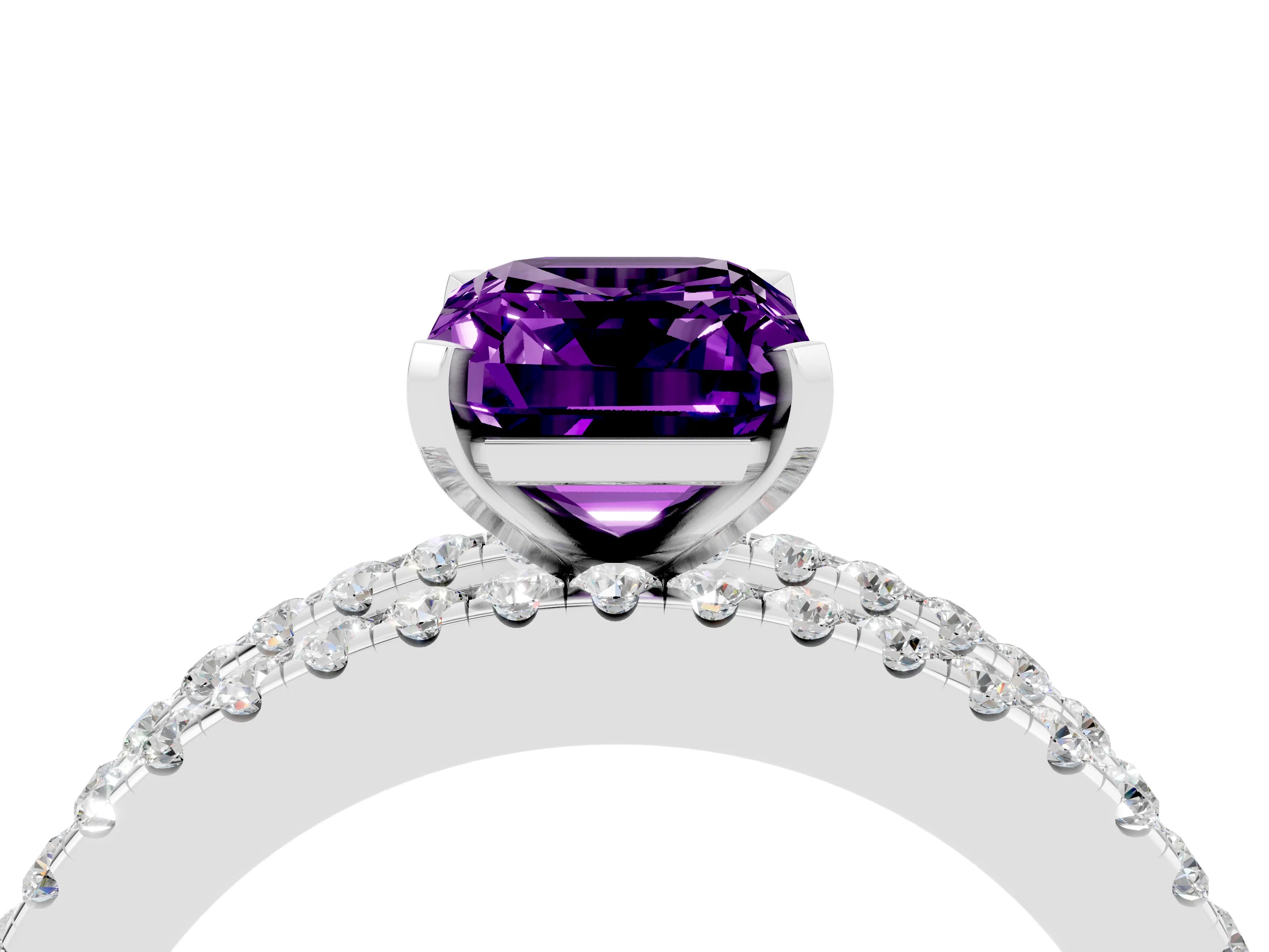 White gold Emerald Cut Amethyst Solitaire Ring with Pavé and Channel Set Band_28