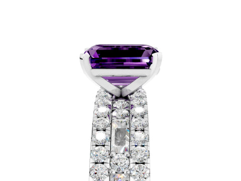 White gold Emerald Cut Amethyst Solitaire Ring with Pavé and Channel Set Band_5