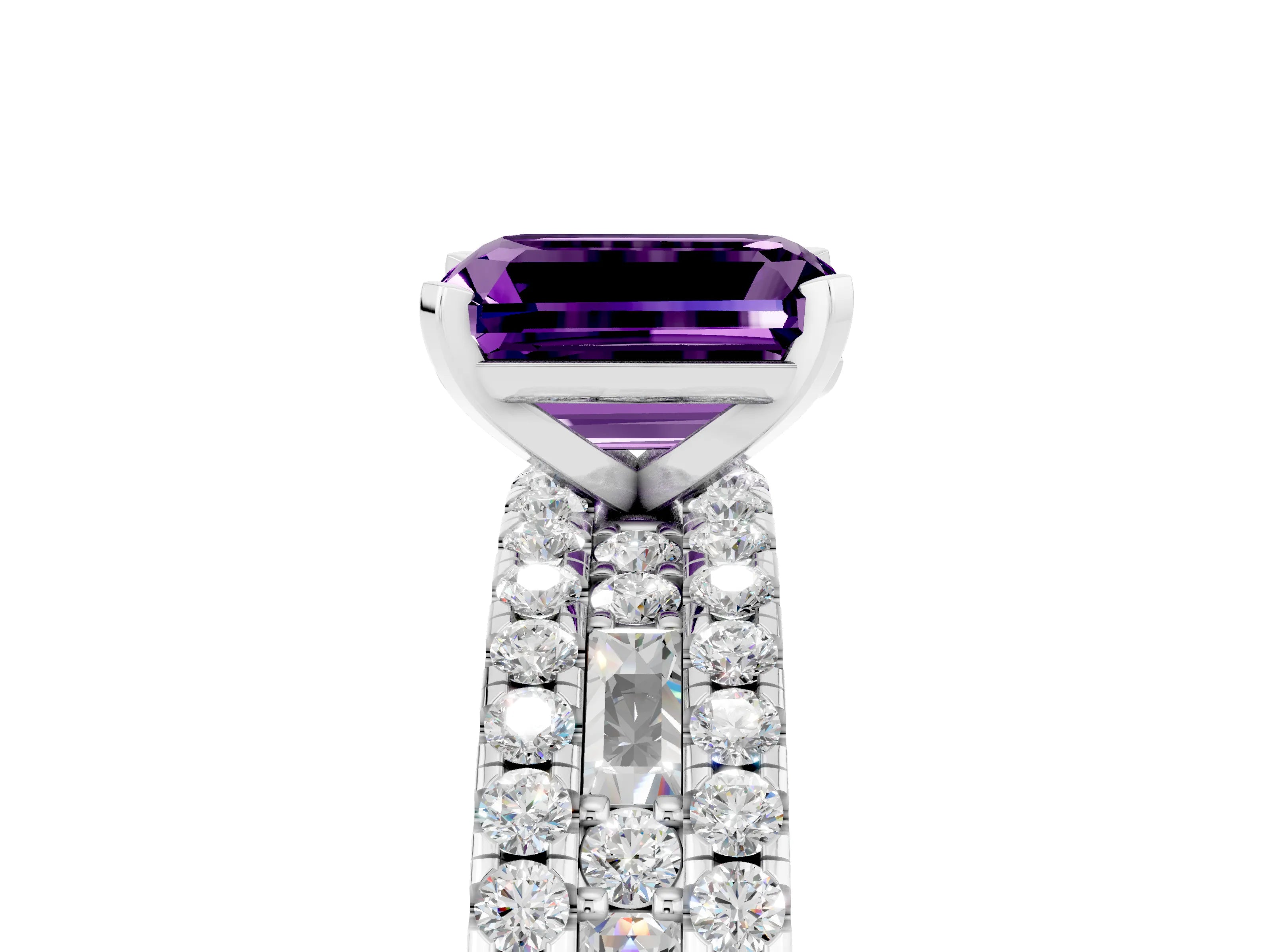 White gold Emerald Cut Amethyst Solitaire Ring with Pavé and Channel Set Band_5