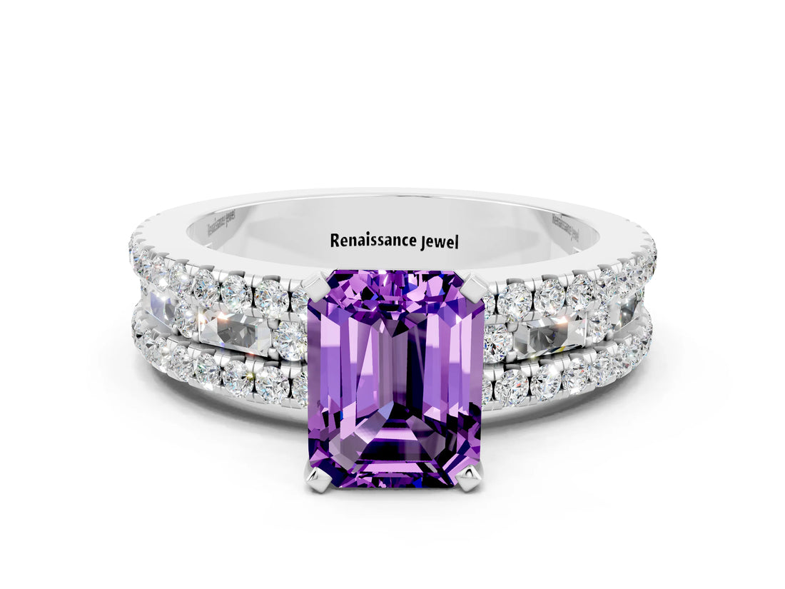 White gold Emerald Cut Amethyst Solitaire Ring with Pavé and Channel Set Band_6