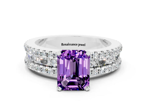 White gold Emerald Cut Amethyst Solitaire Ring with Pavé and Channel Set Band_6