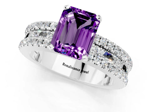 White gold Emerald Cut Amethyst Solitaire Ring with Pavé and Channel Set Band_7