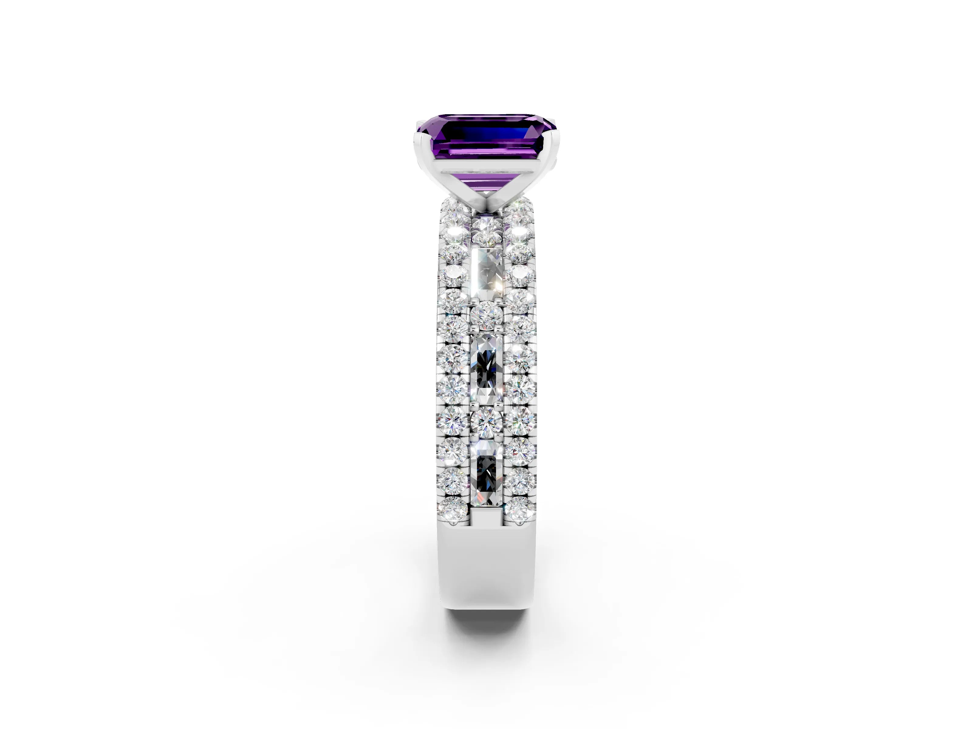 White gold Emerald Cut Amethyst Solitaire Ring with Pavé and Channel Set Band_8