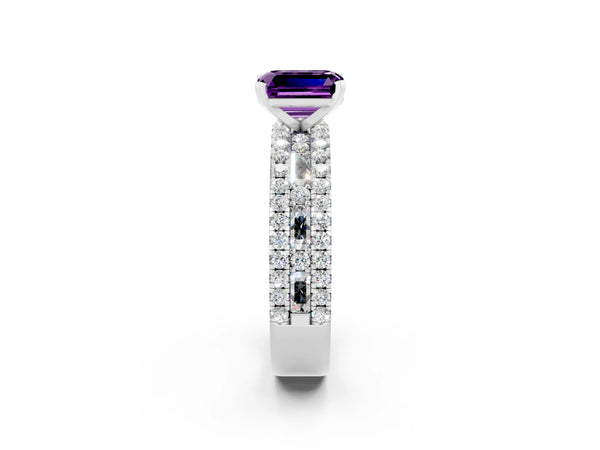 White gold Emerald Cut Amethyst Solitaire Ring with Pavé and Channel Set Band