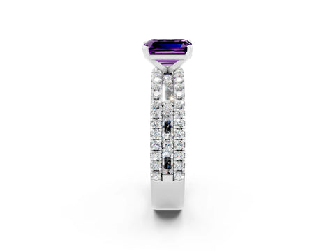 White gold Emerald Cut Amethyst Solitaire Ring with Pavé and Channel Set Band_8