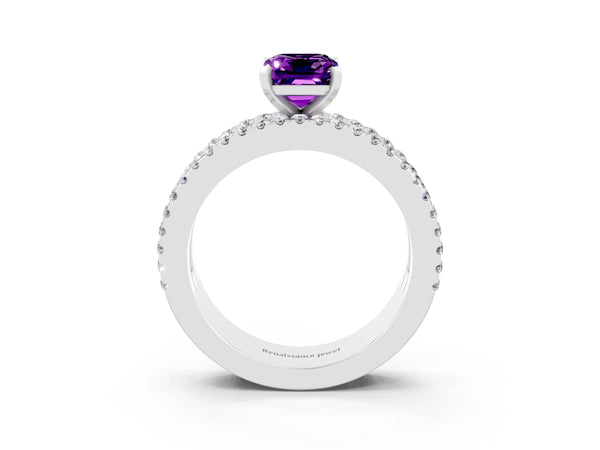 Silver Emerald Cut Amethyst Solitaire Ring with Pavé and Channel Set Band