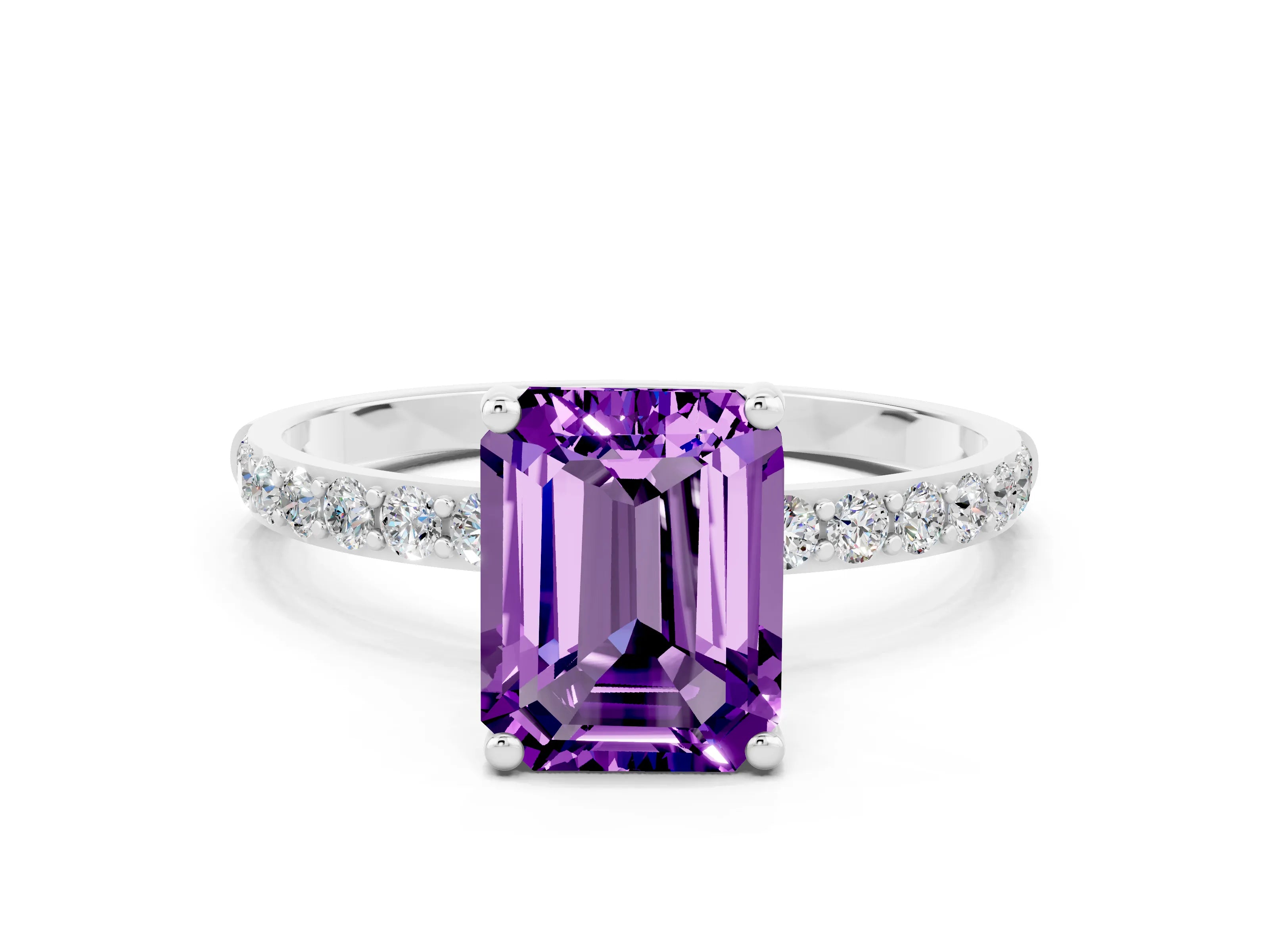 White gold Emerald Cut Amethyst Solitaire Ring with Pave Band and Four Prong Setting_12
