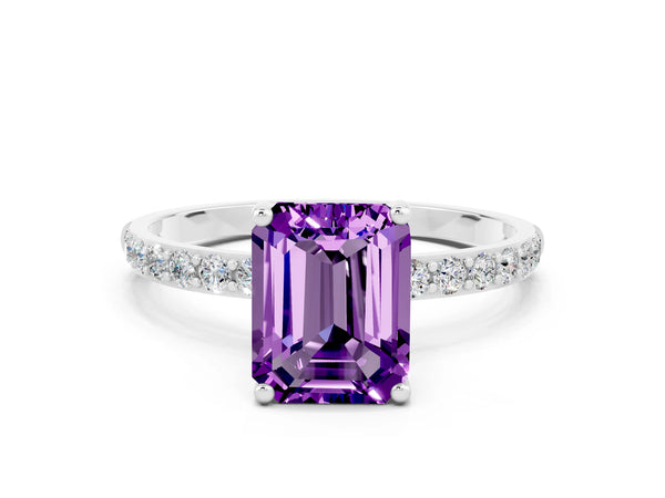 Silver Emerald Cut Amethyst Solitaire Ring with Round  Pavé Band and Prong Setting