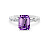 White gold Emerald Cut Amethyst Solitaire Ring with Pave Band and Four Prong Setting_12