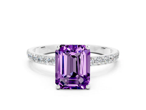 White gold Emerald Cut Amethyst Solitaire Ring with Pave Band and Four Prong Setting_12
