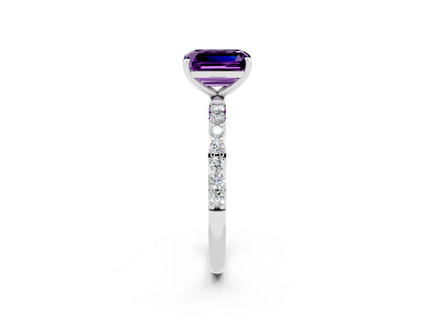 White gold Emerald Cut Amethyst Solitaire Ring with Pave Band and Four Prong Setting_14
