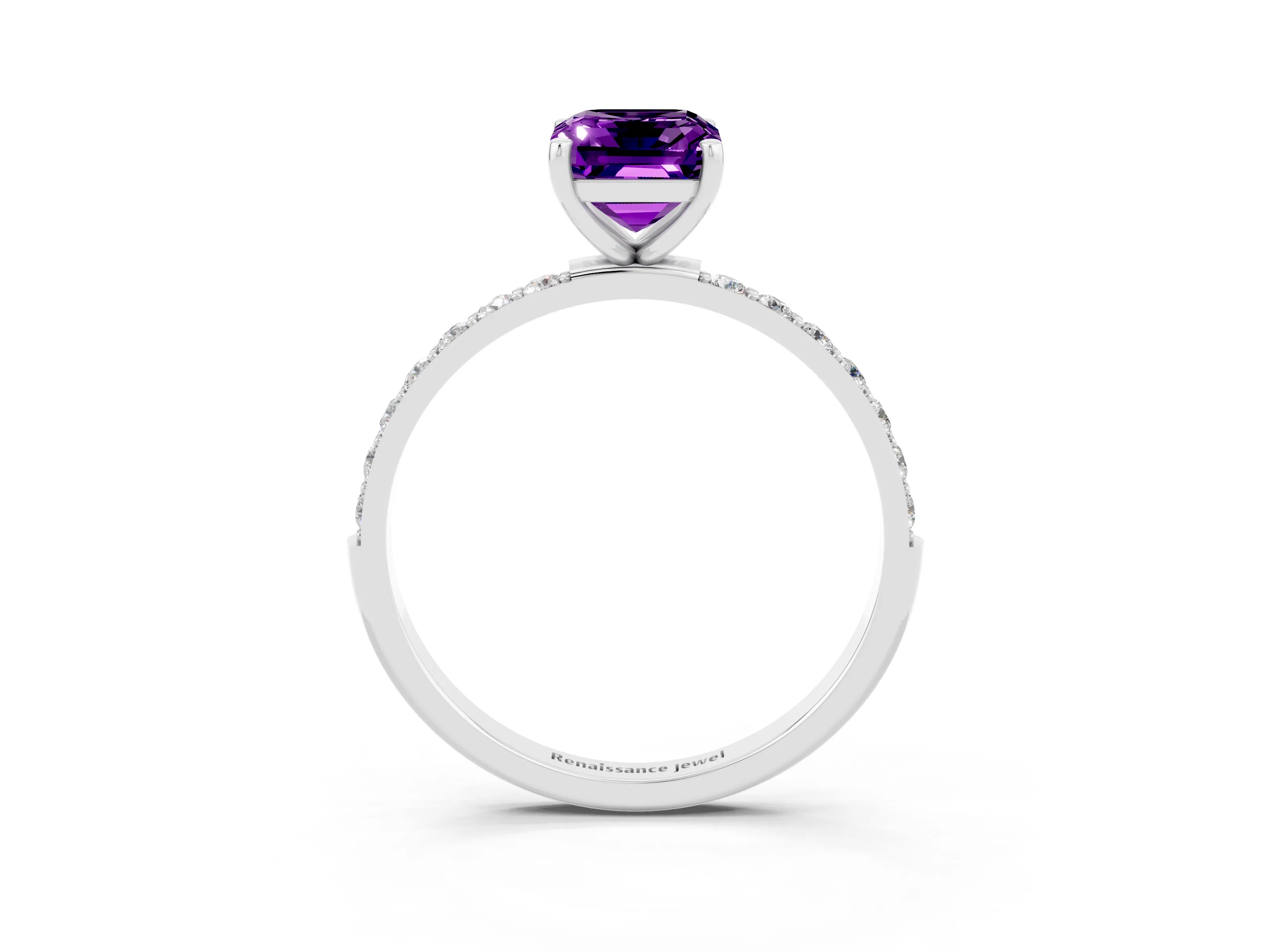 White gold Emerald Cut Amethyst Solitaire Ring with Pave Band and Four Prong Setting_15
