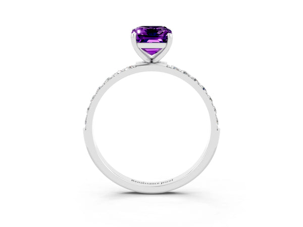 Platinum Emerald Cut Amethyst Solitaire Ring with Round  Pavé Band and Prong Setting