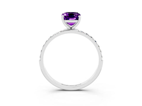 White gold Emerald Cut Amethyst Solitaire Ring with Pave Band and Four Prong Setting_15
