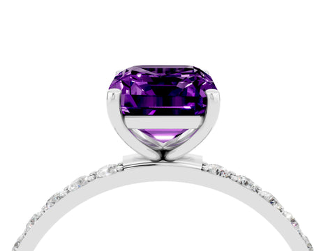 White gold Emerald Cut Amethyst Solitaire Ring with Pave Band and Four Prong Setting_16