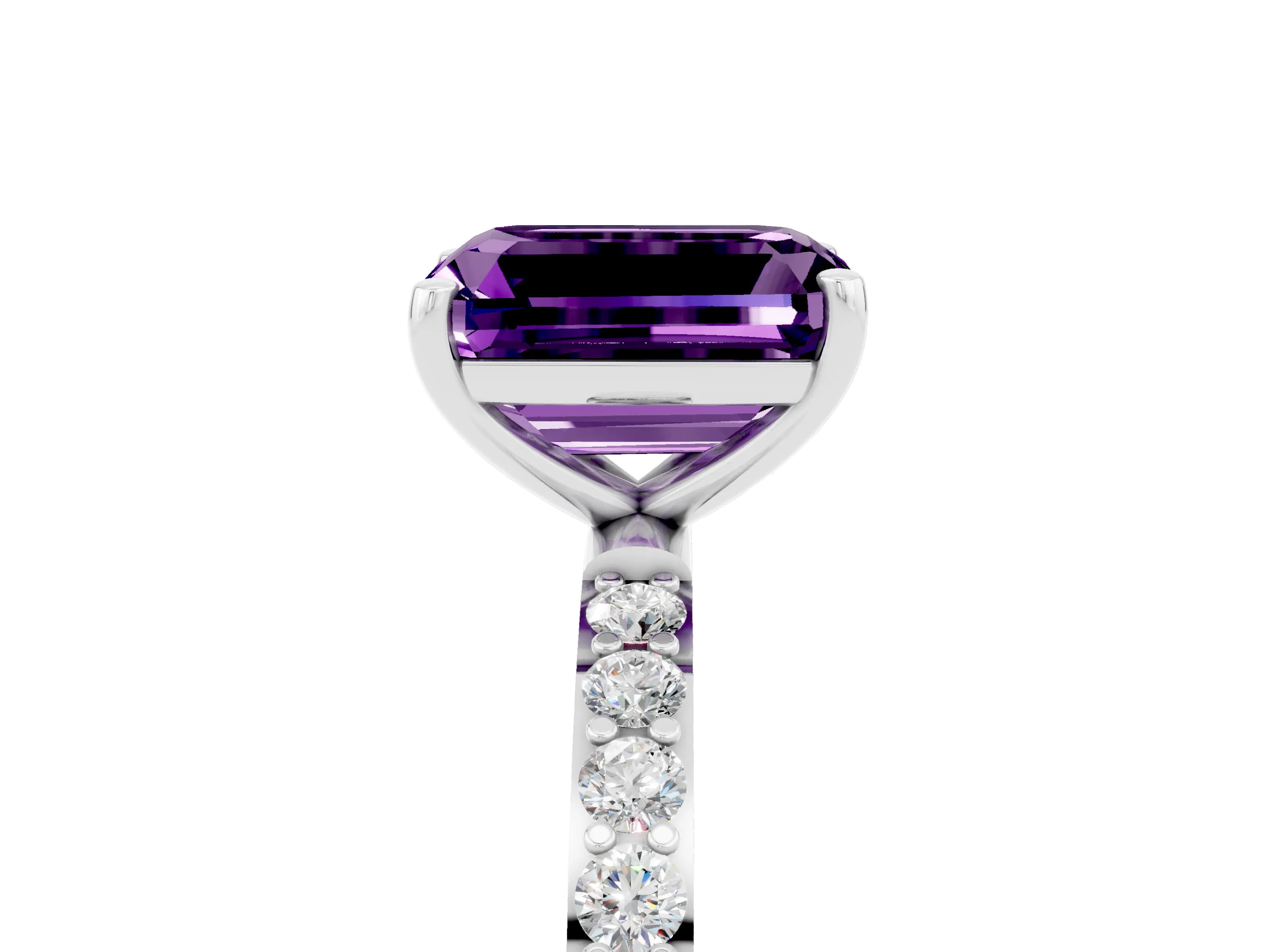 White gold Emerald Cut Amethyst Solitaire Ring with Pave Band and Four Prong Setting_17