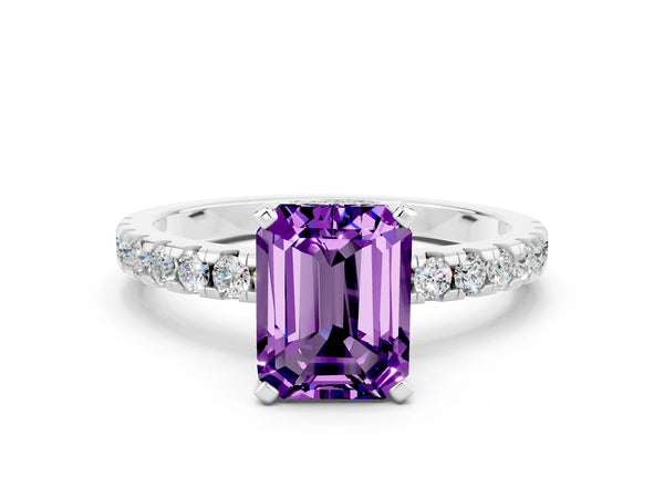 White gold Emerald Cut Amethyst Solitaire Ring with Round  Pavé Band and Four-Prong Setting