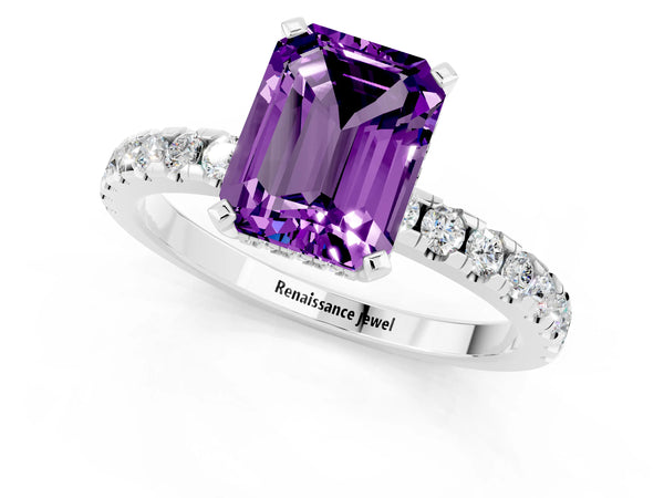 White gold Emerald Cut Amethyst Solitaire Ring with Round  Pavé Band and Four-Prong Setting