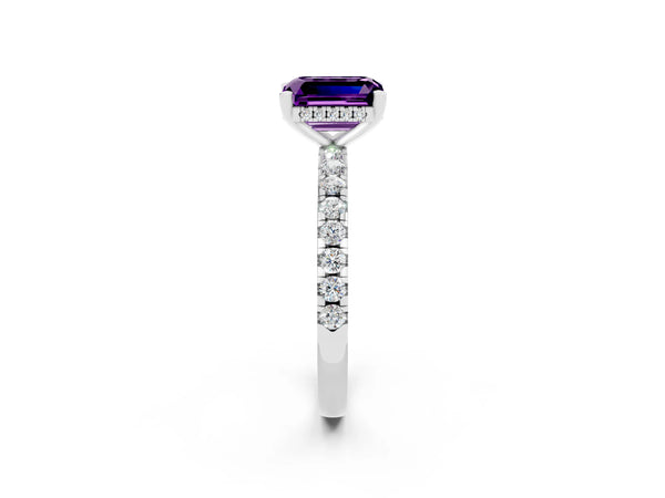 White gold Emerald Cut Amethyst Solitaire Ring with Round  Pavé Band and Four-Prong Setting
