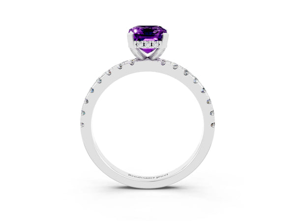 White gold Emerald Cut Amethyst Solitaire Ring with Round  Pavé Band and Four-Prong Setting