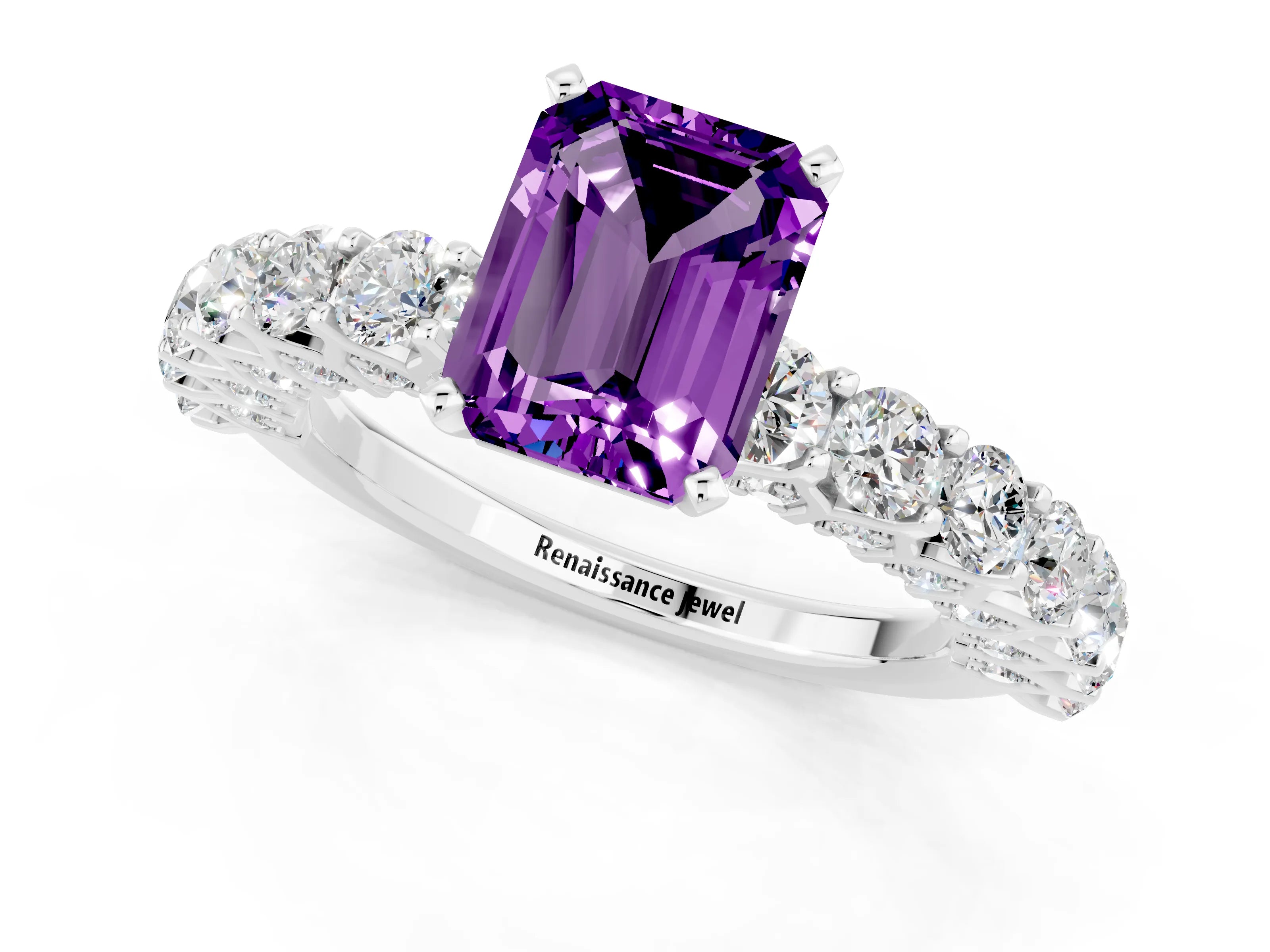 White gold Emerald Cut Amethyst Solitaire Ring with Shared Prong Pavé Band and Four-Prong Setting_1