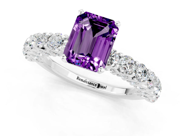 White gold Emerald Cut Amethyst Solitaire Ring with Shared Prong Pavé Band and Four-Prong Setting