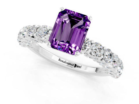White gold Emerald Cut Amethyst Solitaire Ring with Shared Prong Pavé Band and Four-Prong Setting_1