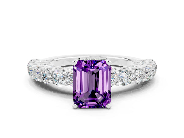 Silver Emerald Cut Amethyst Solitaire Ring with Shared Prong Pavé Band and Four-Prong Setting