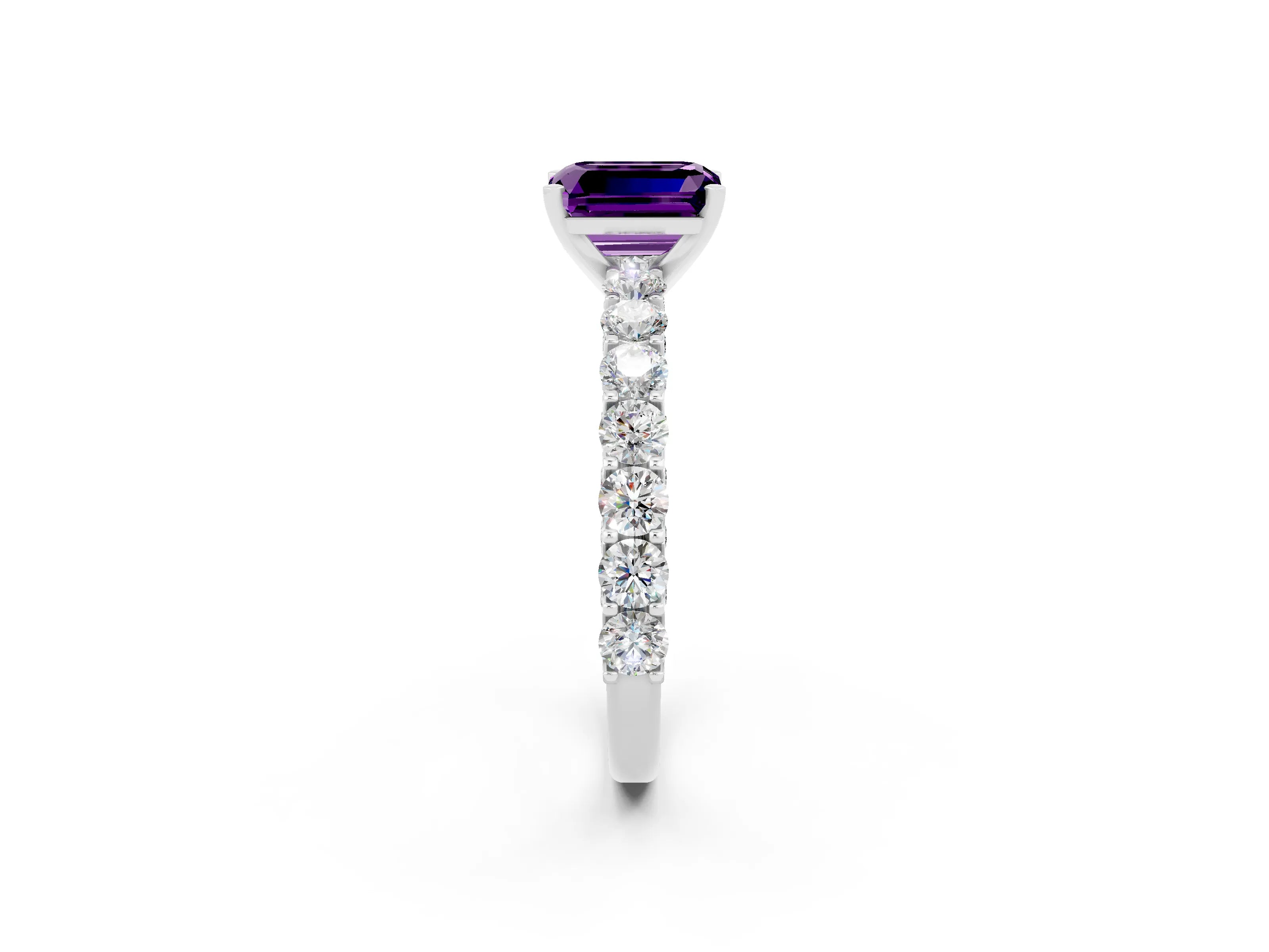 White gold Emerald Cut Amethyst Solitaire Ring with Shared Prong Pavé Band and Four-Prong Setting_2