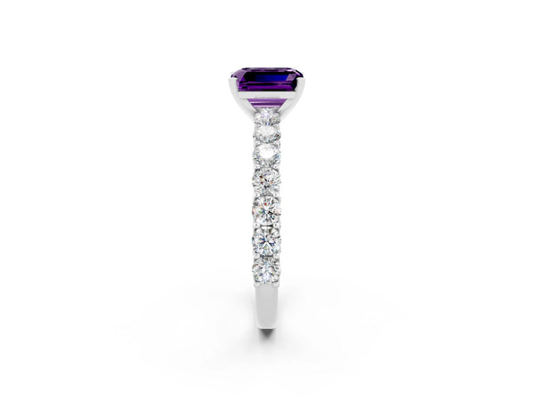 White gold Emerald Cut Amethyst Solitaire Ring with Shared Prong Pavé Band and Four-Prong Setting