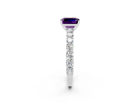 White gold Emerald Cut Amethyst Solitaire Ring with Shared Prong Pavé Band and Four-Prong Setting_2