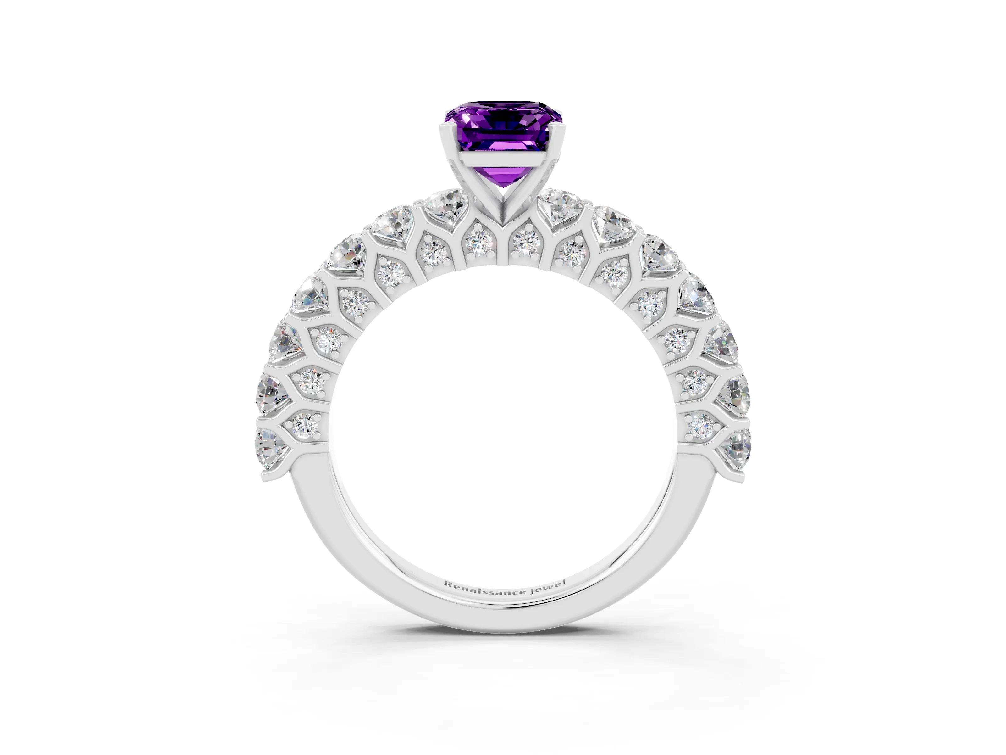 White gold Emerald Cut Amethyst Solitaire Ring with Shared Prong Pavé Band and Four-Prong Setting_3