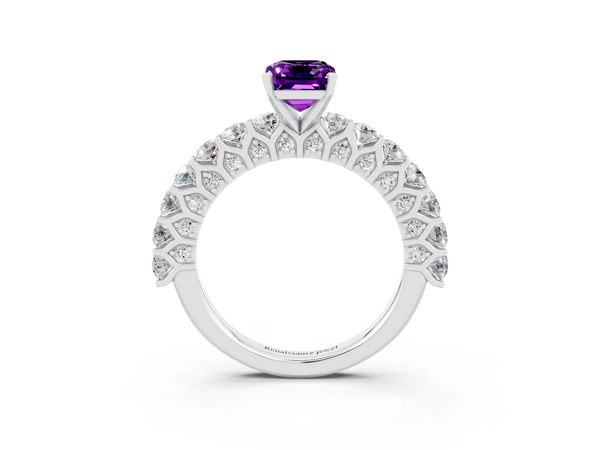 White gold Emerald Cut Amethyst Solitaire Ring with Shared Prong Pavé Band and Four-Prong Setting