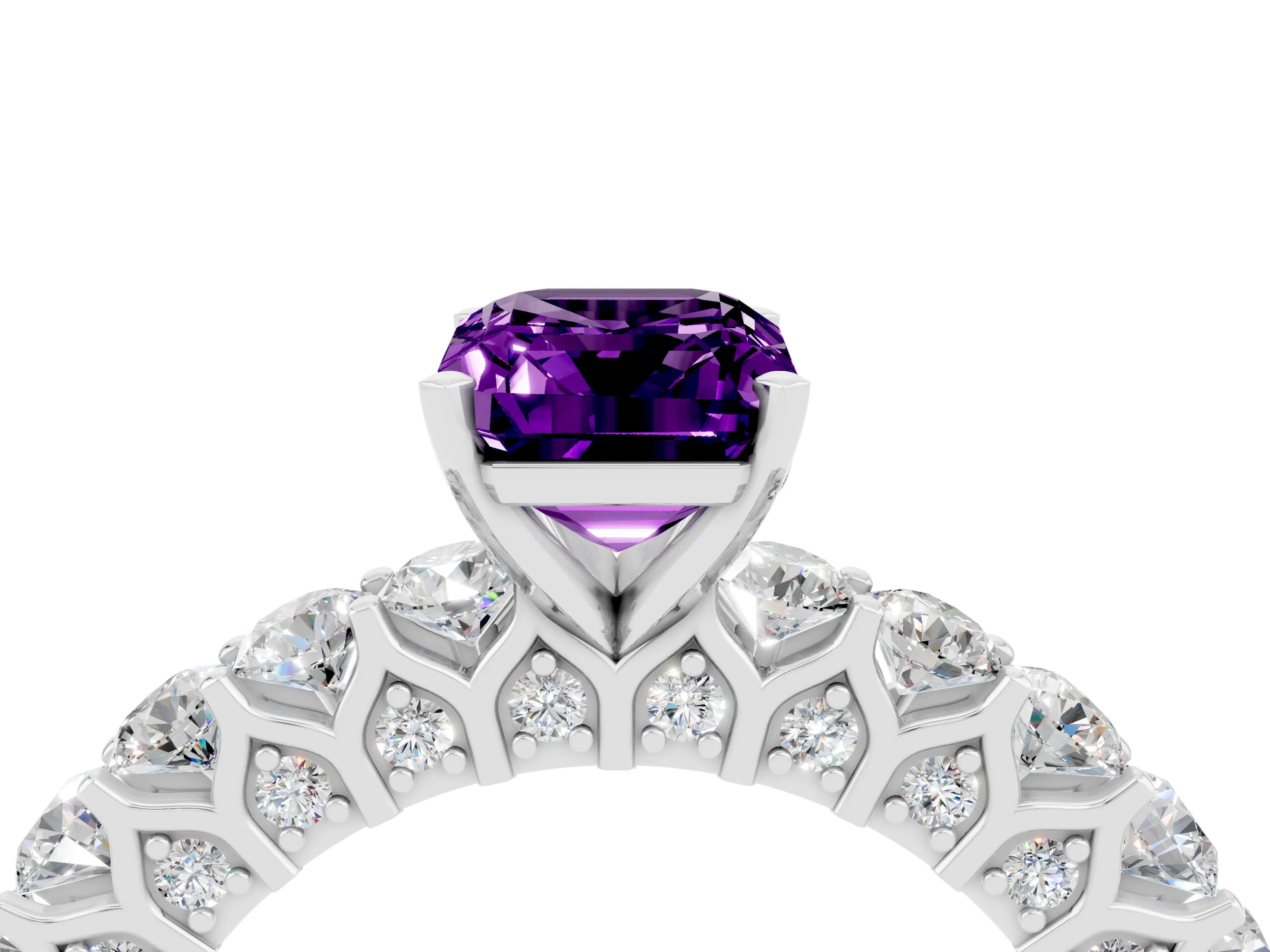White gold Emerald Cut Amethyst Solitaire Ring with Shared Prong Pavé Band and Four-Prong Setting_4