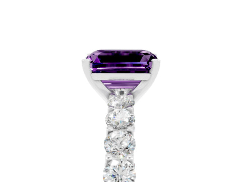 White gold Emerald Cut Amethyst Solitaire Ring with Shared Prong Pavé Band and Four-Prong Setting_5
