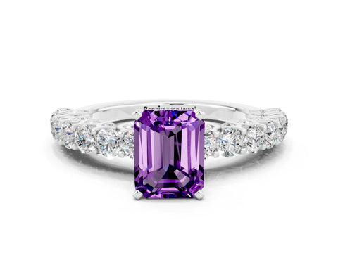 White gold Emerald Cut Amethyst Solitaire Ring with Shared Prong Pavé Band and Four-Prong Setting