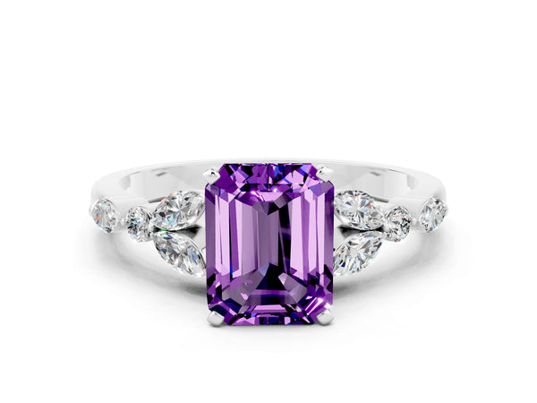 Platinum Emerald Cut Amethyst Solitaire Ring with Side Stones and Four-Prong Setting