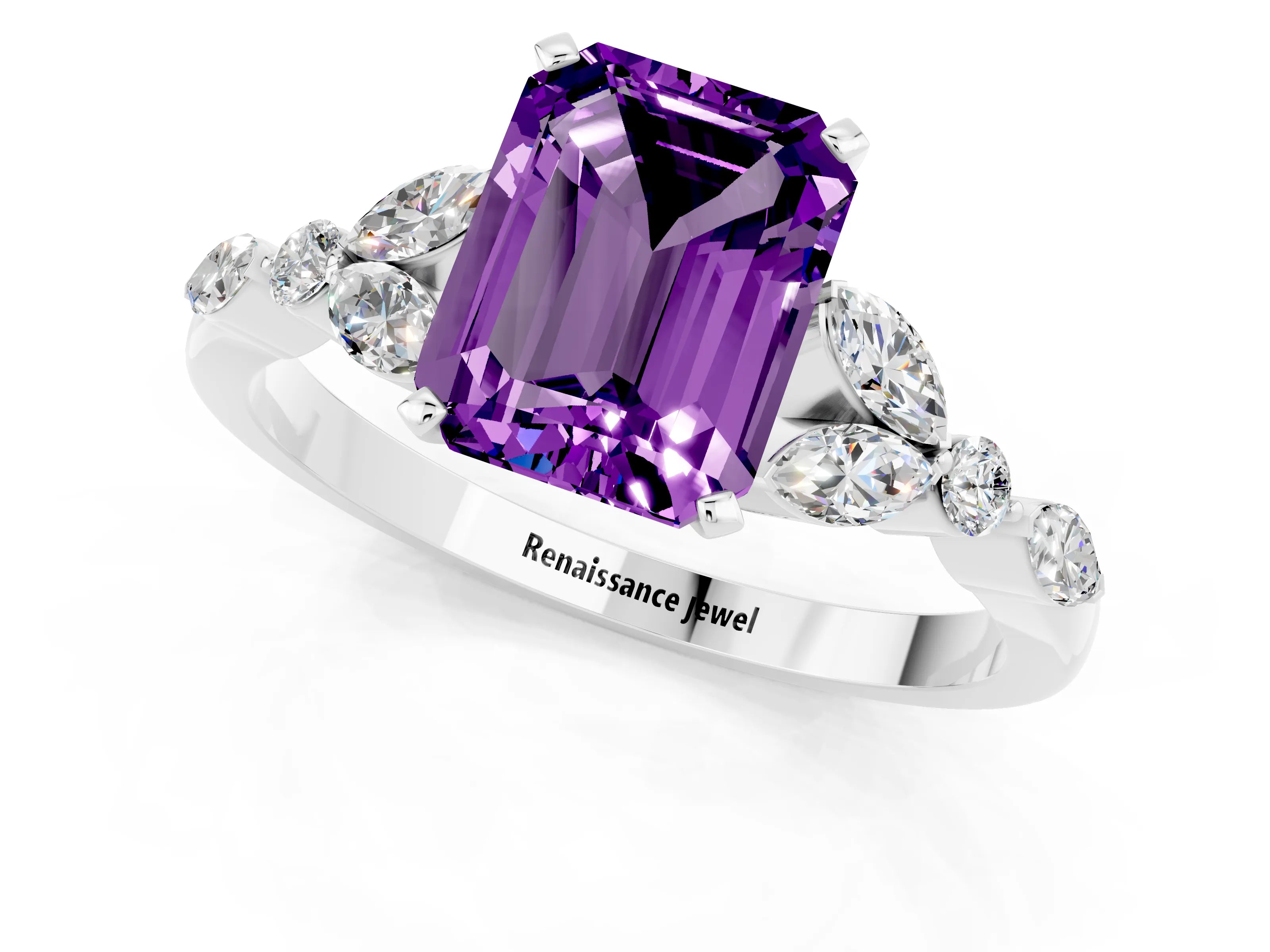 White gold Emerald Cut Amethyst Solitaire Ring with Side Stones and Four-Prong Setting_13