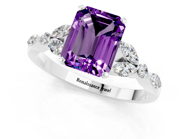 Platinum Emerald Cut Amethyst Solitaire Ring with Side Stones and Four-Prong Setting