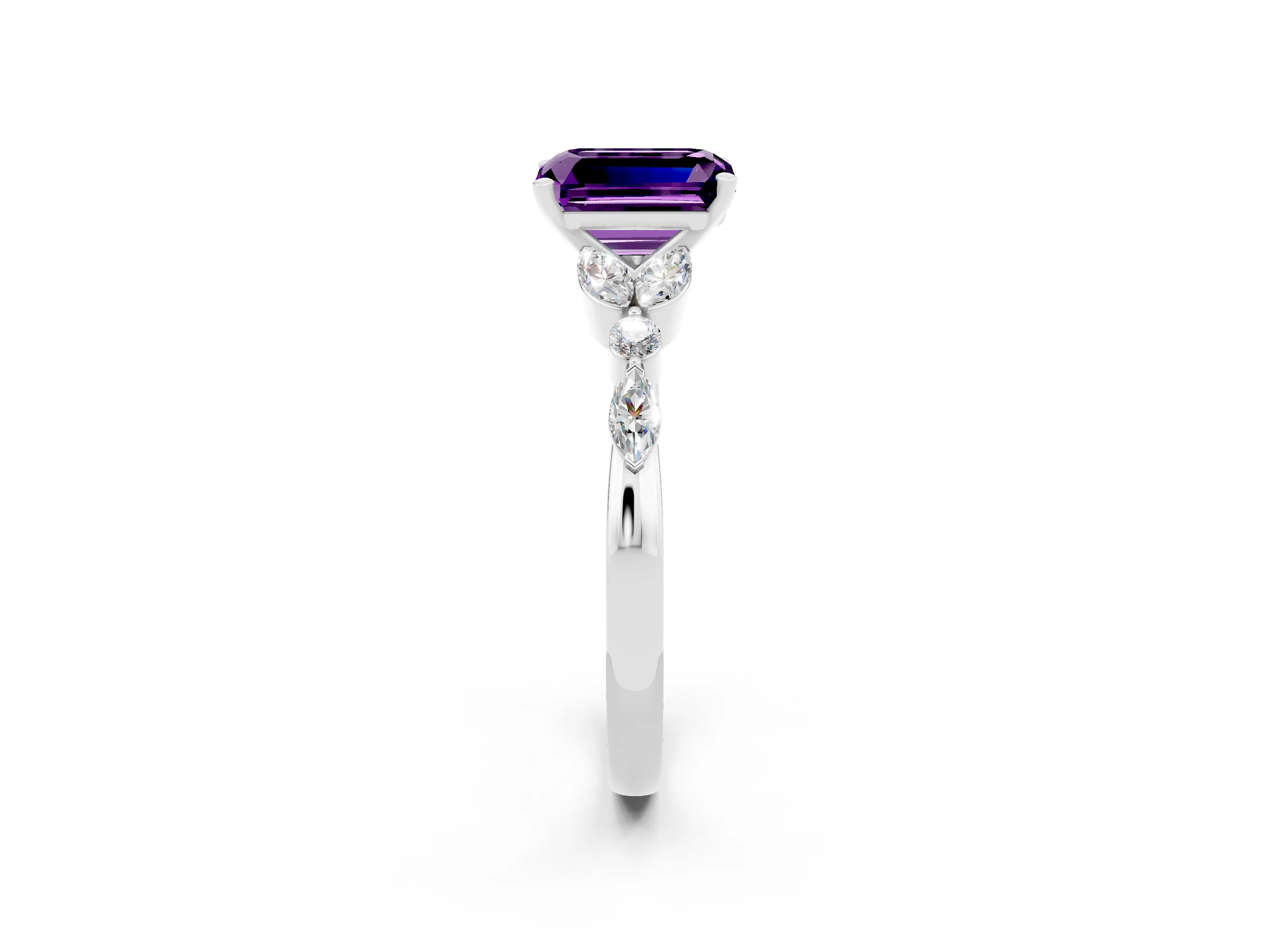 White gold Emerald Cut Amethyst Solitaire Ring with Side Stones and Four-Prong Setting_14
