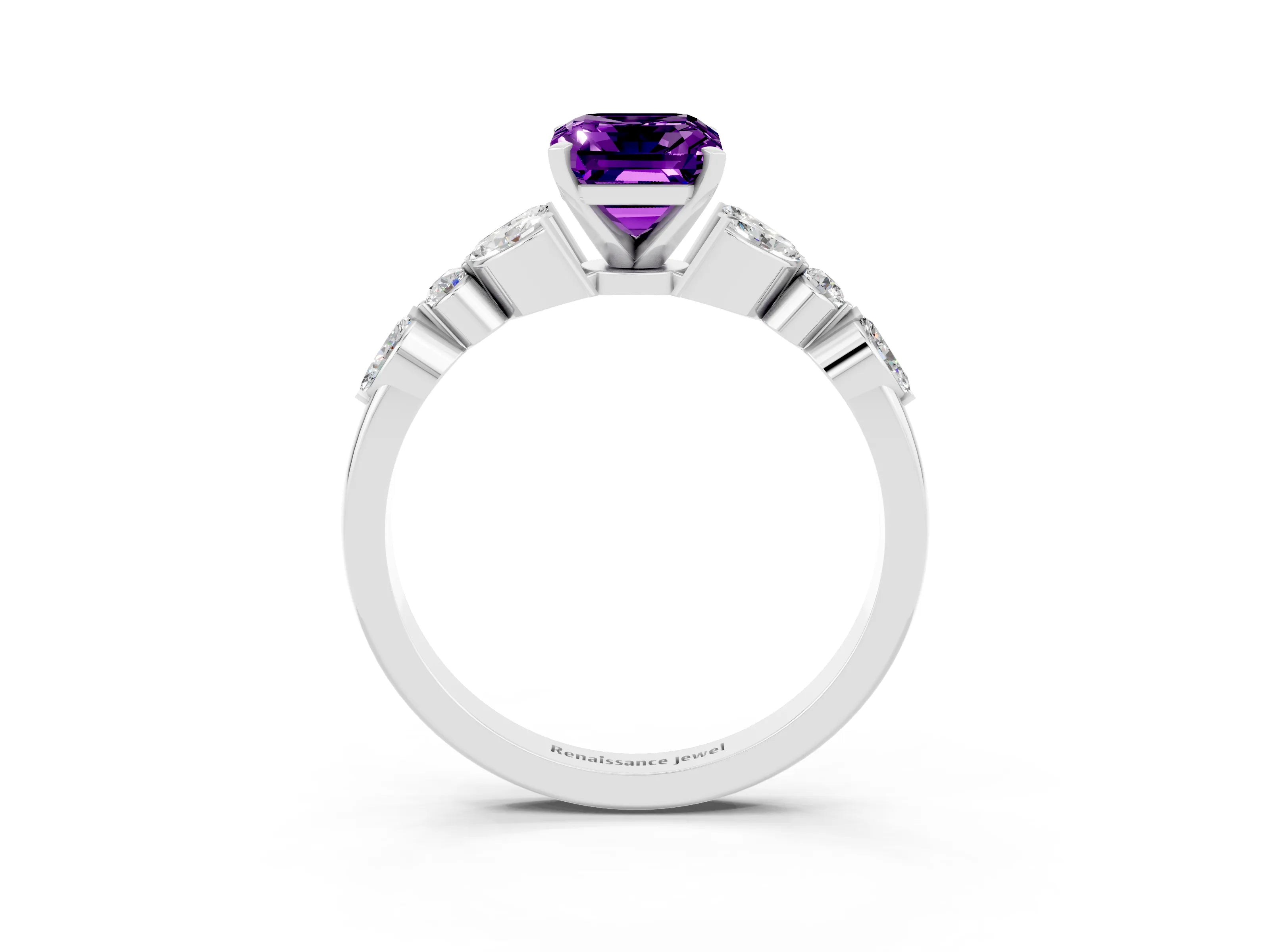 White gold Emerald Cut Amethyst Solitaire Ring with Side Stones and Four-Prong Setting_15