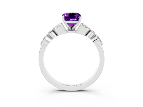 White gold Emerald Cut Amethyst Solitaire Ring with Side Stones and Four-Prong Setting_15
