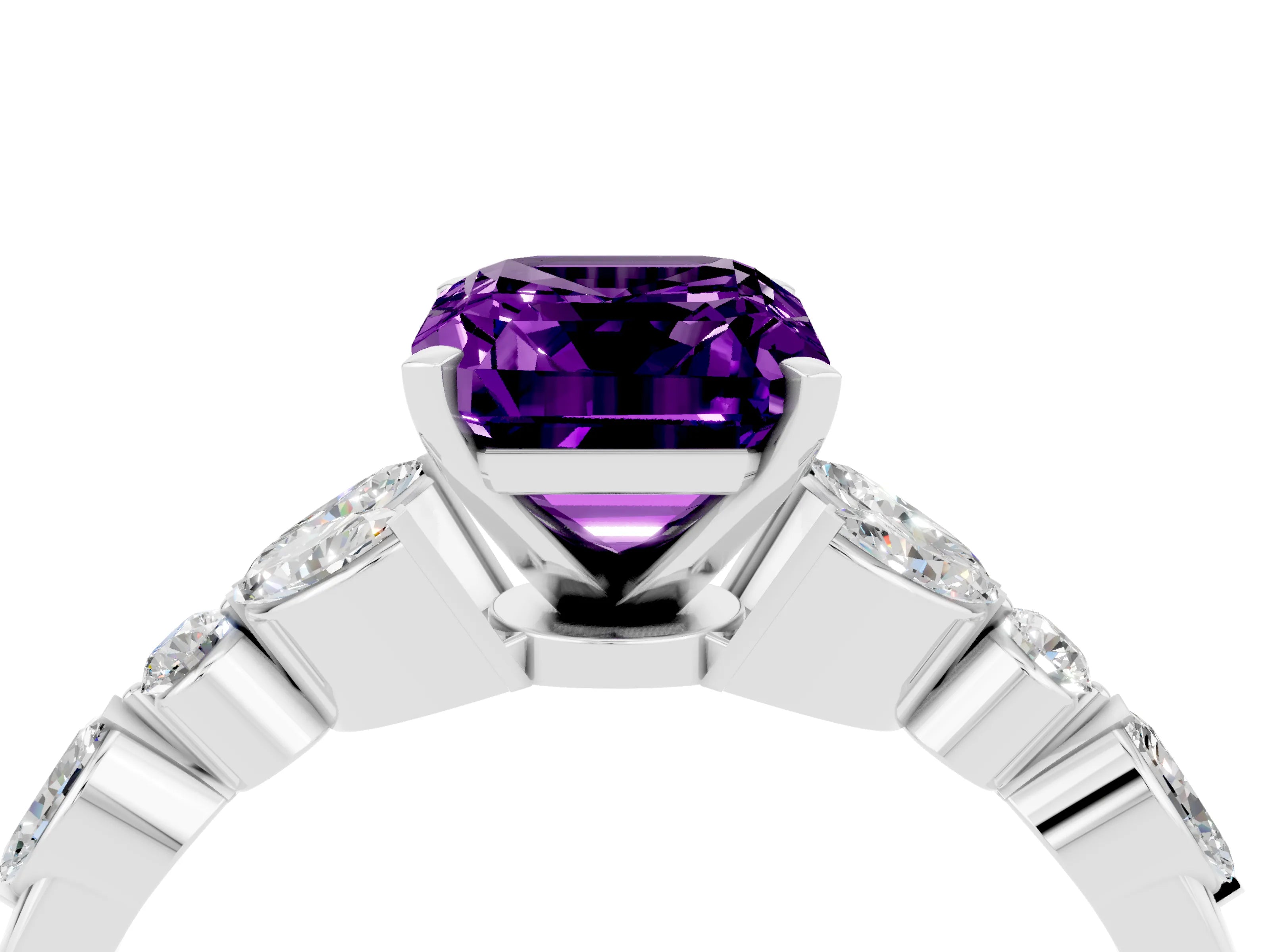 White gold Emerald Cut Amethyst Solitaire Ring with Side Stones and Four-Prong Setting_16