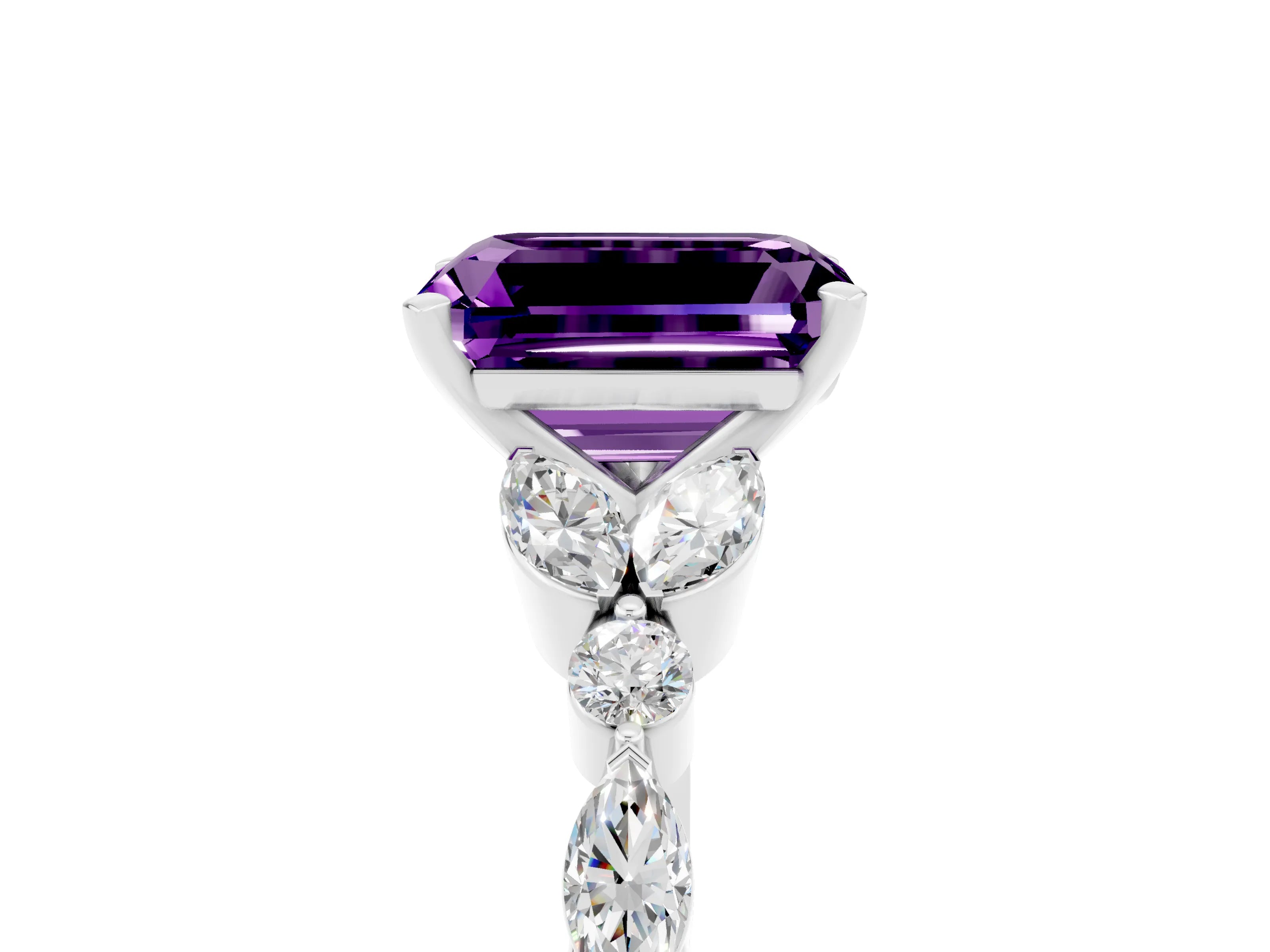 White gold Emerald Cut Amethyst Solitaire Ring with Side Stones and Four-Prong Setting_17