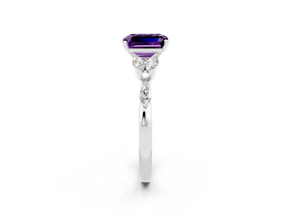 White gold Emerald Cut Amethyst Solitaire Ring with Side Stones and Four-Prong Setting