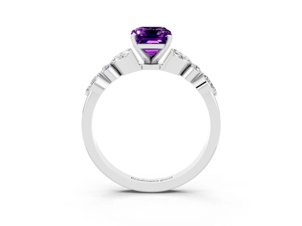 White gold Emerald Cut Amethyst Solitaire Ring with Side Stones and Four-Prong Setting