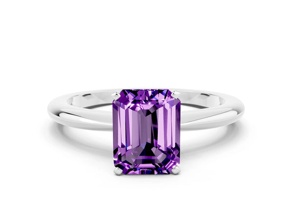 Silver Emerald Cut Amethyst Solitaire Ring with Six-Prong Setting and Classic Band