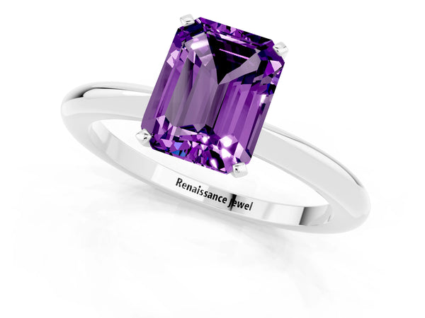Silver Emerald Cut Amethyst Solitaire Ring with Six-Prong Setting and Classic Band