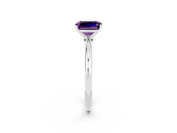 White gold Emerald Cut Amethyst Solitaire Ring with Six-Prong Setting and Classic Band